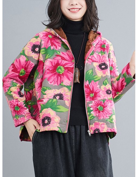 Artistic Retro Velvet Floral Printed Zipper Hooded Long Sleeves Outwear