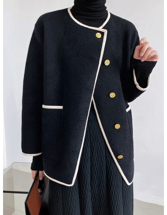 Asymmetric Buttoned Pockets Split-Joint Long Sleeves Loose Round-Neck Woolen Coat