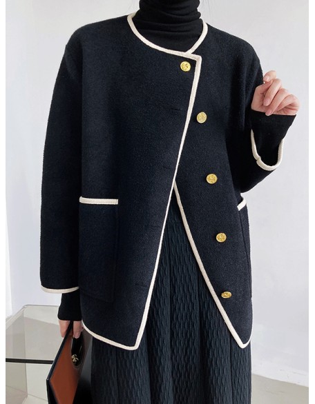 Asymmetric Buttoned Pockets Split-Joint Long Sleeves Loose Round-Neck Woolen Coat