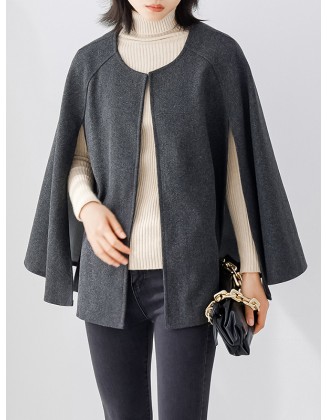 Casual Loose Solid Color Round-Neck Cape Outerwear