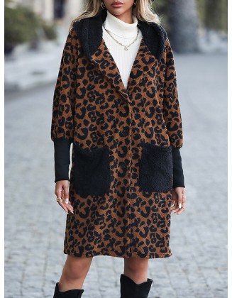 Casual Loose Leopard Patchwork Lapel Collar Coat