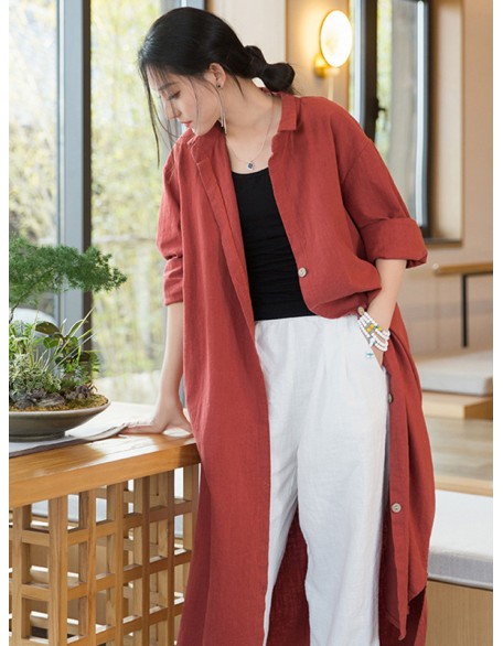 Artistic Retro Loose Simple Casual Solid Color Ramie Trench Coat