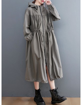 Casual Loose Solid Color Zipper Drawstring Long Sleeves Hooded Trench Coat