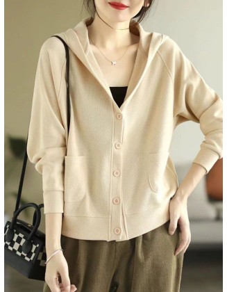 Casual Long Sleeves Loose Buttoned Solid Color Hooded Knitting Outerwear