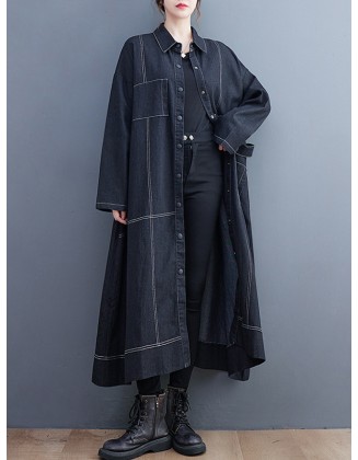 Casual Loose Long Sleeves Buttoned Lapel Collar Denim Trench Coats