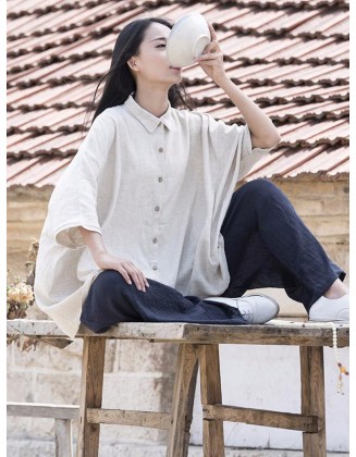 Vintage Simple Ramie Cotton Outwear Tops