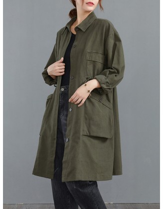 Casual Loose Solid Color Buttoned Lapel Collar Long Sleeves Trench Coat