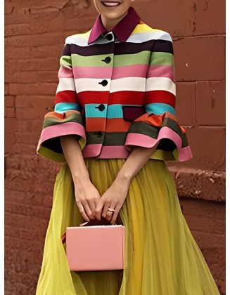 Flared Sleeves Multi-Colored Striped Lapel Jackets Outerwear