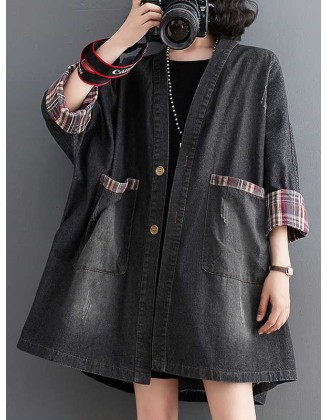 Buttoned Plaid Pockets Split-Joint Long Sleeves Loose V-Neck Denim Outerwear