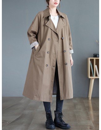 Buttoned Pockets Long Sleeves Loose Notched Collar Trench Coats