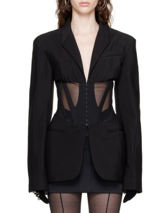 Buckle Gauze See-Through Solid Color Split-Joint Long Sleeves Notched Collar Blazer