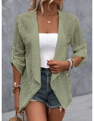 Buttoned Hollow Jacquard Solid Color Long Sleeves Loose Collarless Outerwear