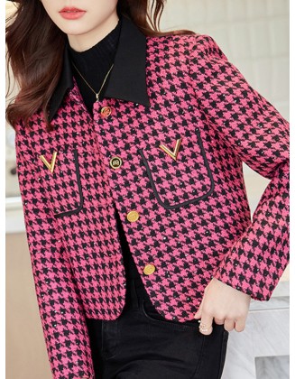 Buttoned Houndstooth Pockets Split-Joint Long Sleeves Plus Size Lapel Outerwear