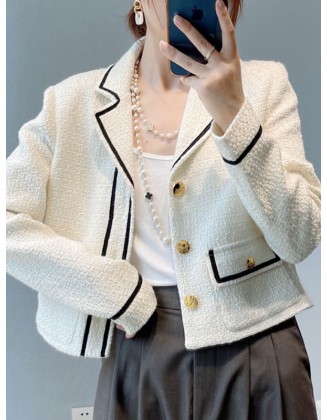 Buttoned Pockets Long Sleeves Loose Notched Collar Woolen Coat Outerwear