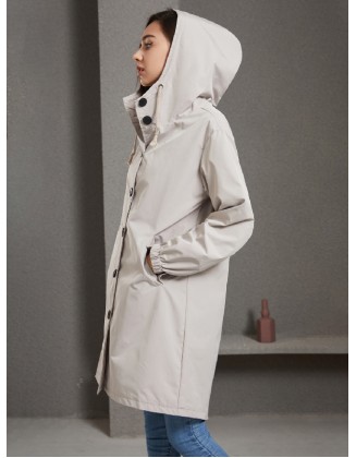 Buttoned Drawstring Elasticity Hooded Pockets Split-Back Waterproof Long Sleeves Loose High-Neck Trench Coats