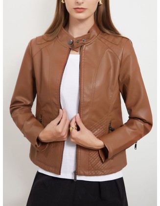 Buttoned Pockets Split-Joint Zipper Long Sleeves Plus Size Stand Collar Outerwear Jackets