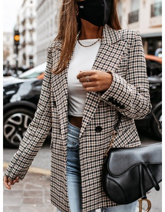 Buttoned Houndstooth Long Sleeves Loose Notched Collar Outerwear Blazer