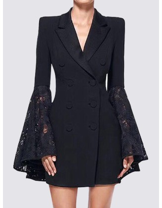 Asymmetric Buttoned Solid Color Split-Joint Flared Sleeves Long Sleeves Notched Collar Outerwear Blazer