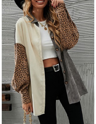 Buttoned Leopard Pockets Split-Joint Long Sleeves Loose Lapel Outerwear Jackets