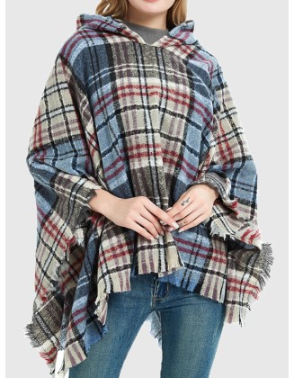 Fringed Hooded Keep Warm Plaid Shawl&Cloak Cape