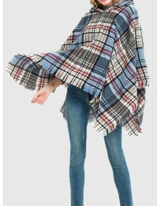 Fringed Hooded Keep Warm Plaid Shawl&Cloak Cape