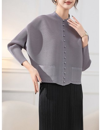 Buttoned Pleated Pockets Solid Color Long Sleeves Loose Round-Neck Outerwear