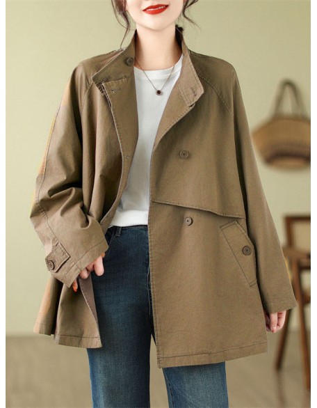 Asymmetric Buttoned Pockets Solid Color Split-Joint Long Sleeves Loose Stand Collar Trench Coats Outerwear