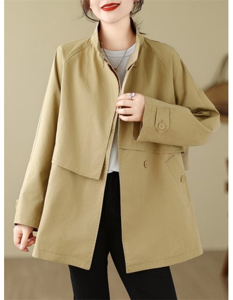 Asymmetric Buttoned Pockets Solid Color Split-Joint Long Sleeves Loose Stand Collar Trench Coats Outerwear