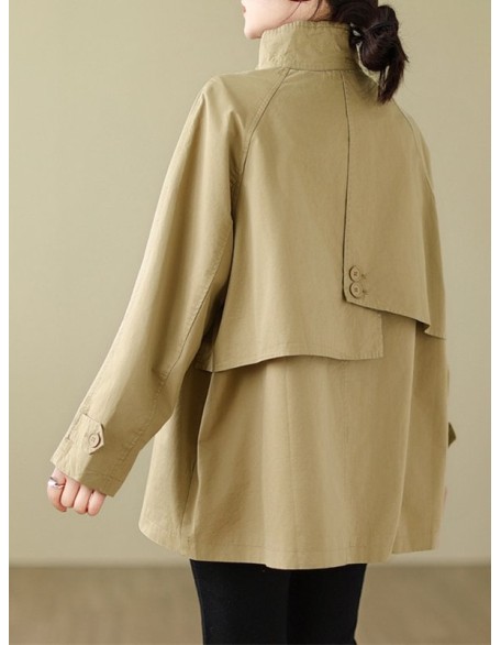 Asymmetric Buttoned Pockets Solid Color Split-Joint Long Sleeves Loose Stand Collar Trench Coats Outerwear