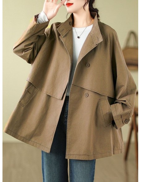 Asymmetric Buttoned Pockets Solid Color Split-Joint Long Sleeves Loose Stand Collar Trench Coats Outerwear