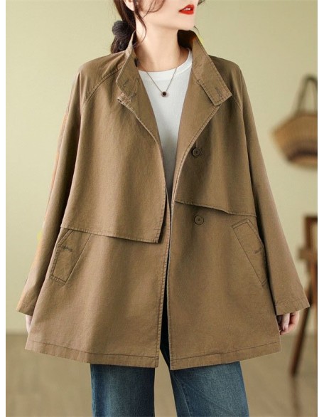 Asymmetric Buttoned Pockets Solid Color Split-Joint Long Sleeves Loose Stand Collar Trench Coats Outerwear