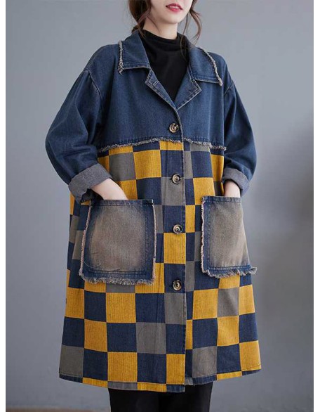 Buttoned Fringed Plaid Pockets Split-Joint Long Sleeves Loose Notched Collar Denim Outerwear