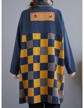 Buttoned Fringed Plaid Pockets Split-Joint Long Sleeves Loose Notched Collar Denim Outerwear