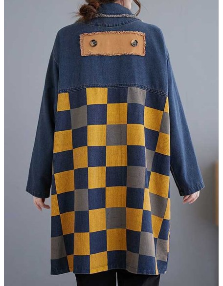 Buttoned Fringed Plaid Pockets Split-Joint Long Sleeves Loose Notched Collar Denim Outerwear