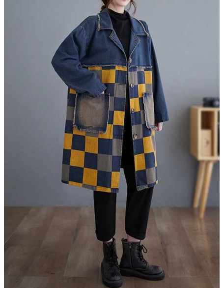 Buttoned Fringed Plaid Pockets Split-Joint Long Sleeves Loose Notched Collar Denim Outerwear