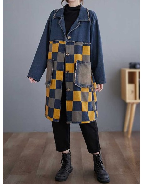 Buttoned Fringed Plaid Pockets Split-Joint Long Sleeves Loose Notched Collar Denim Outerwear