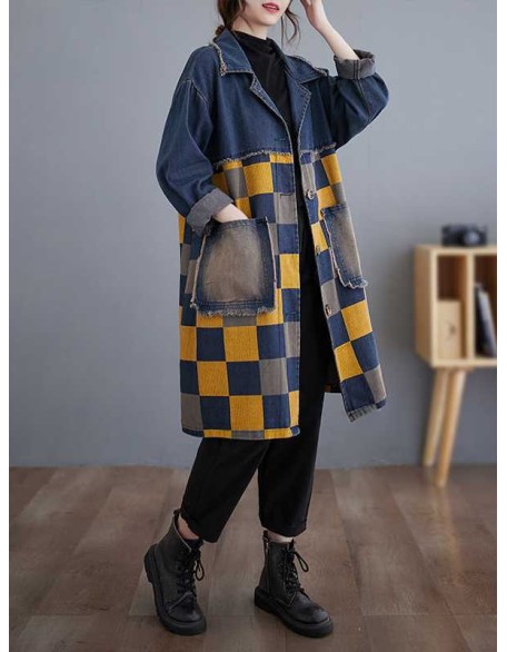 Buttoned Fringed Plaid Pockets Split-Joint Long Sleeves Loose Notched Collar Denim Outerwear