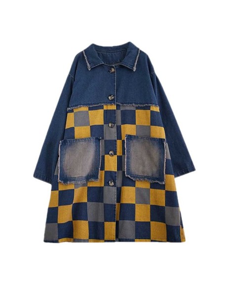 Buttoned Fringed Plaid Pockets Split-Joint Long Sleeves Loose Notched Collar Denim Outerwear