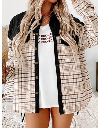 Buttoned Contrast Color Plaid Pockets Split-Joint Long Sleeves Loose Lapel Outerwear Jackets