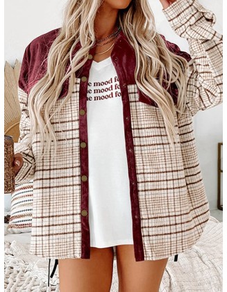 Buttoned Contrast Color Plaid Pockets Split-Joint Long Sleeves Loose Lapel Outerwear Jackets