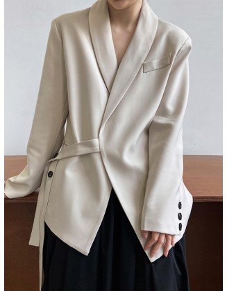 Asymmetric Buttoned Pockets Solid Color Tied Long Sleeves Loose V-Neck Outerwear Blazer