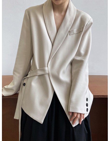 Asymmetric Buttoned Pockets Solid Color Tied Long Sleeves Loose V-Neck Outerwear Blazer