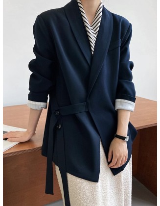 Asymmetric Buttoned Pockets Solid Color Tied Long Sleeves Loose V-Neck Outerwear Blazer