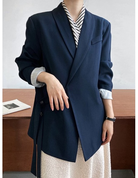 Asymmetric Buttoned Pockets Solid Color Tied Long Sleeves Loose V-Neck Outerwear Blazer