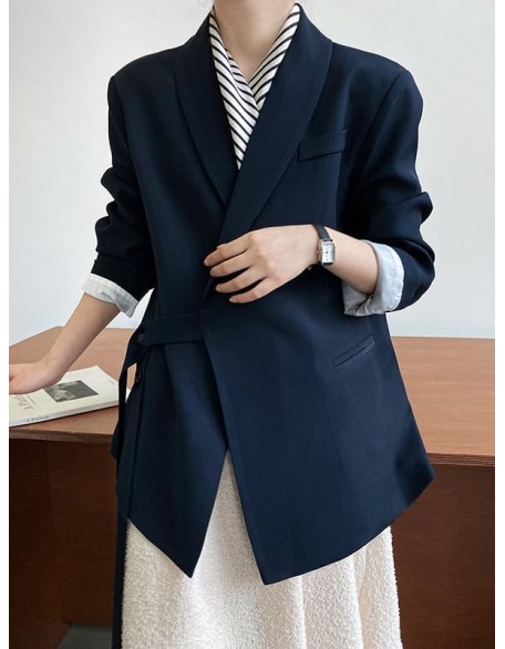 Asymmetric Buttoned Pockets Solid Color Tied Long Sleeves Loose V-Neck Outerwear Blazer