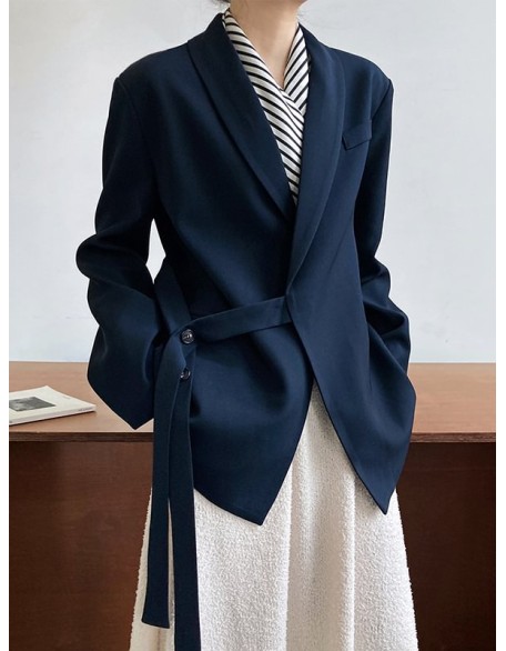 Asymmetric Buttoned Pockets Solid Color Tied Long Sleeves Loose V-Neck Outerwear Blazer