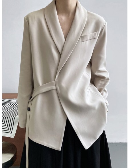 Asymmetric Buttoned Pockets Solid Color Tied Long Sleeves Loose V-Neck Outerwear Blazer