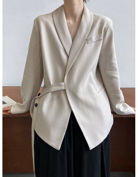 Asymmetric Buttoned Pockets Solid Color Tied Long Sleeves Loose V-Neck Outerwear Blazer