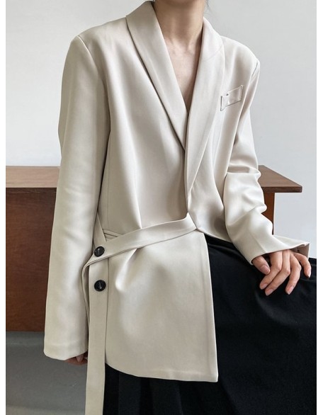 Asymmetric Buttoned Pockets Solid Color Tied Long Sleeves Loose V-Neck Outerwear Blazer