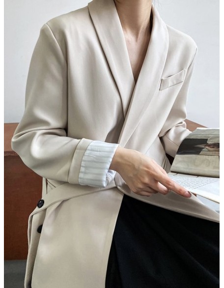 Asymmetric Buttoned Pockets Solid Color Tied Long Sleeves Loose V-Neck Outerwear Blazer